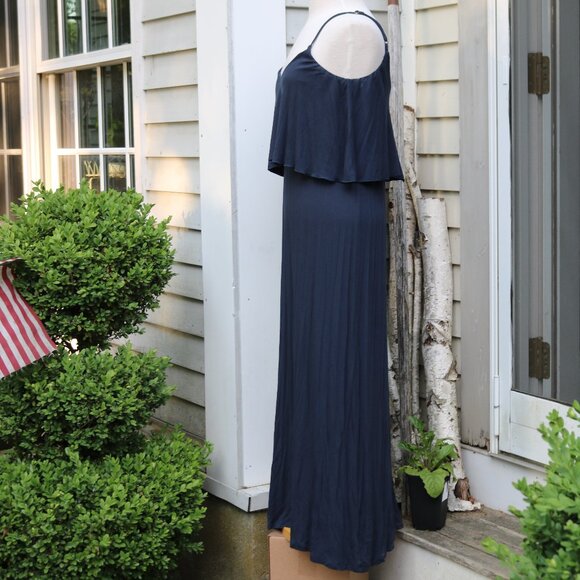 Matty M Navy Blue Overlay Top Low Back Knit Rayon Sleeveless Maxi Dress Sz SMALL - Picture 3 of 8